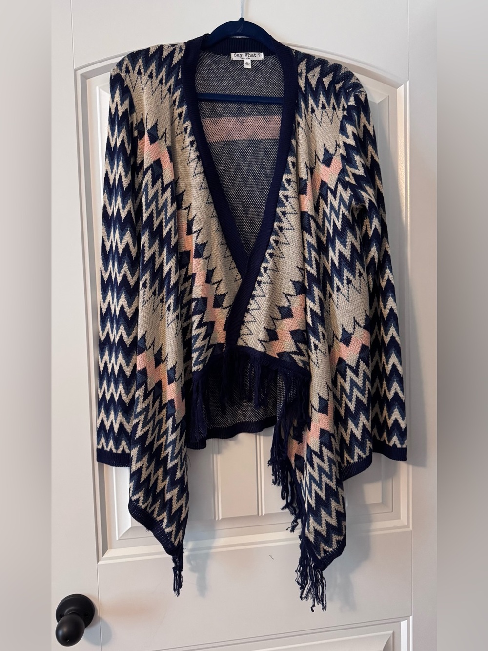 Say What? navy, cream & blush zigzag fringe open-front poncho